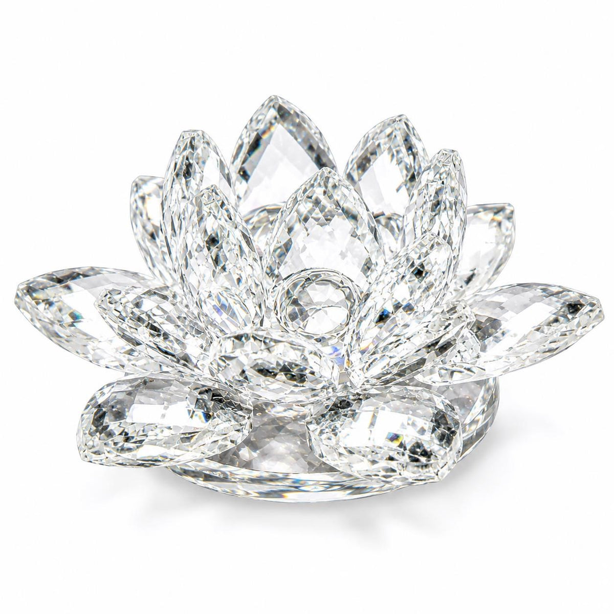 Clear crystal lotus flower figurine by Republic Mercantile, intricately carved and elegant decorative sculpture.