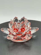 Red crystal lotus flower figurine by Republic Mercantile, showcasing intricate glass craftsmanship and floral design.