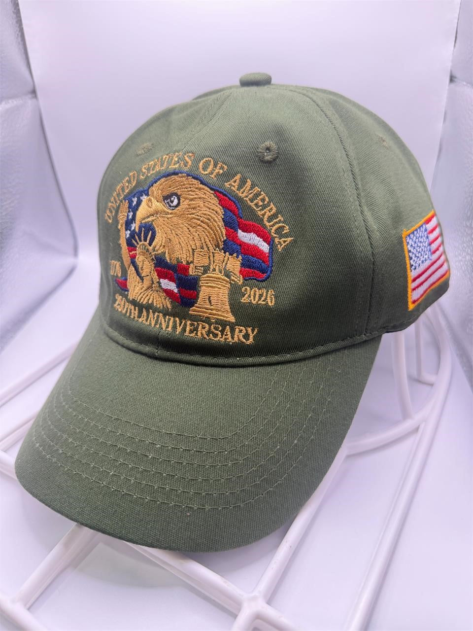 Green 250th Anniversary USA ball cap hat by Republic Mercantile featuring patriotic embroidery and adjustable strap.