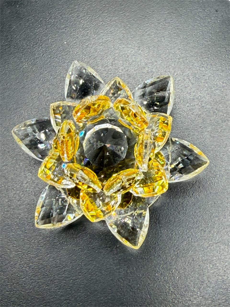 Yellow crystal lotus flower figurine by Republic Mercantile, detailed glass sculpture with delicate petal design.