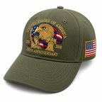 Green 250th Anniversary USA ball cap hat by Republic Mercantile, featuring patriotic embroidery and adjustable strap.