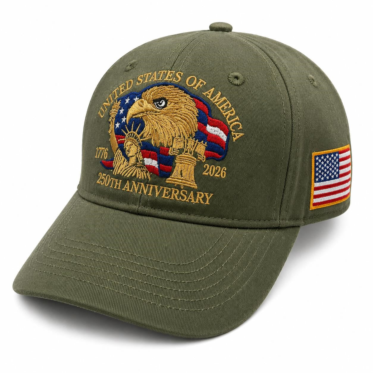 Green 250th Anniversary USA ball cap hat by Republic Mercantile, featuring patriotic embroidery and adjustable strap.
