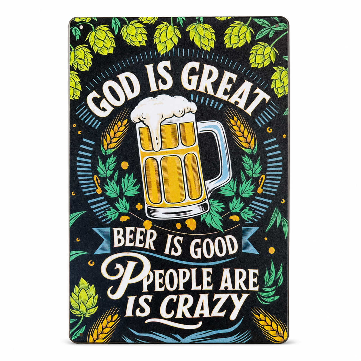 8x12 inch metal wall art featuring the "God is Great" design by Republic Mercantile, with intricate metal detailing.