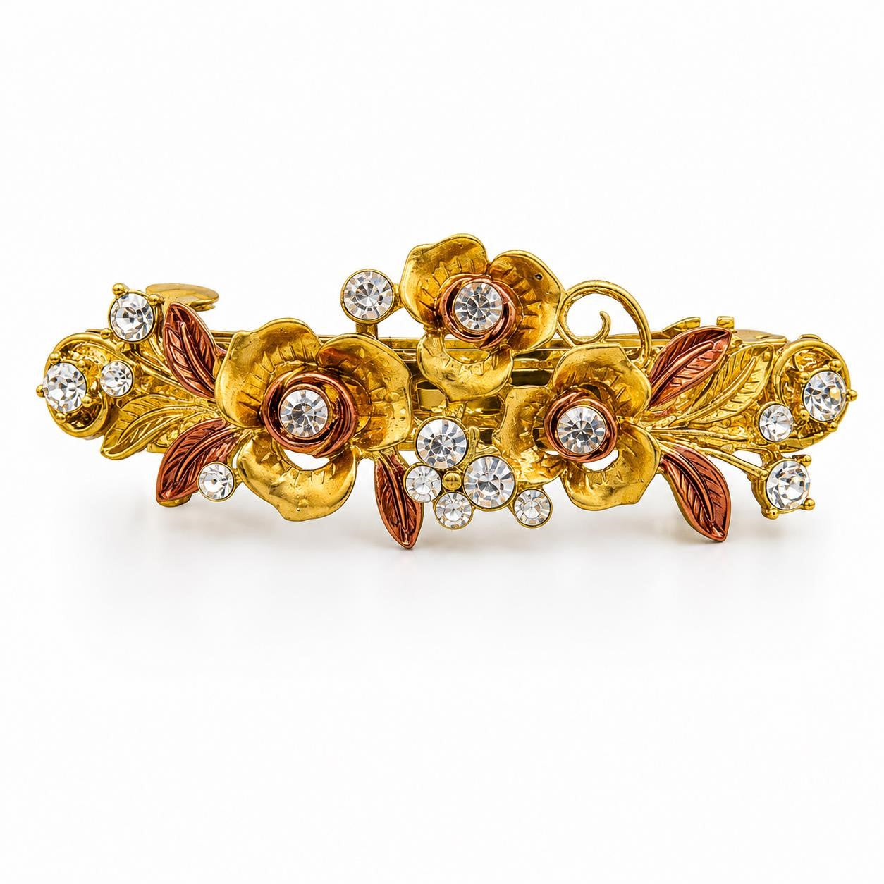 Ornate floral hair barrette with intricate metalwork and detailed flower design, perfect for elegant hair styling.