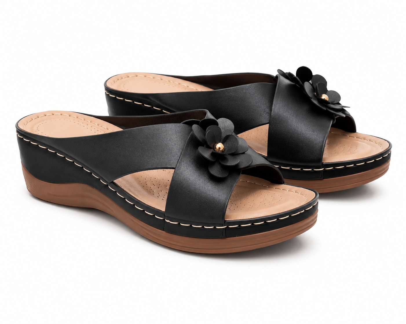 Ladies black slip-on wedge sandals in size 6 from Republic Mercantile, featuring a comfortable slip-on design and stylish wedge heel.