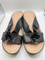 Ladies black slip-on wedge sandals by Republic Mercantile, size 6, featuring comfortable design and stylish wedge heel.