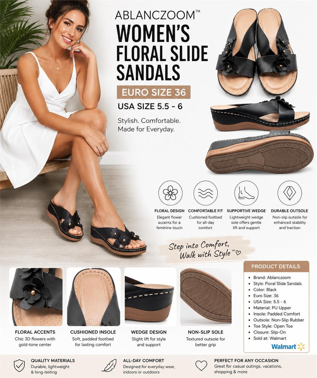Ladies black slip-on wedge sandals in size 6 by Republic Mercantile, featuring a comfortable design and stylish appearance.