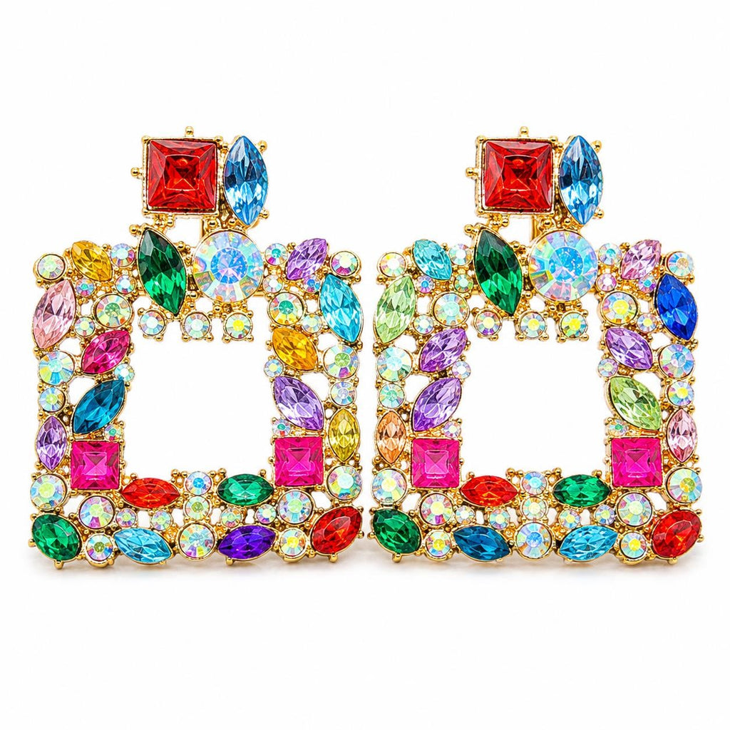 Bejeweled large square earrings set by Republic Mercantile featuring sparkling gemstone accents and silver-tone metal.