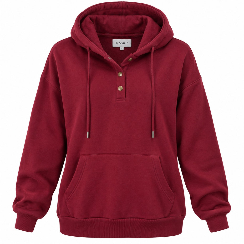Moshu women's half-button sweatshirt hoodie with drawstring, size L, in a casual pullover style, displayed on a neutral background.