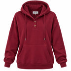 Moshu women's half-button sweatshirt hoodie with drawstring, size L, in a casual pullover style, displayed on a neutral background.