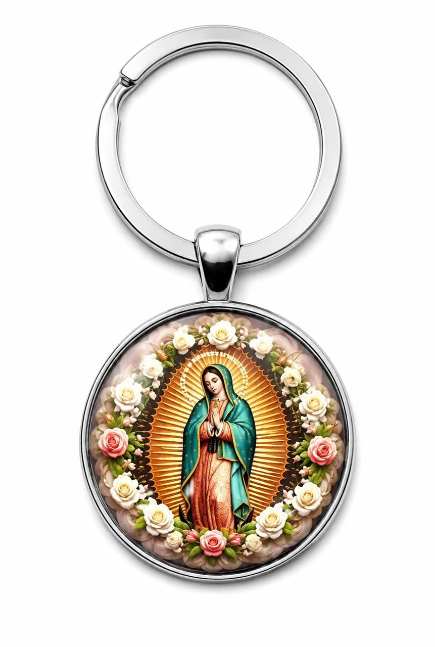 Mother Mary keychain from Republic Mercantile featuring a detailed religious pendant on a metal keyring.