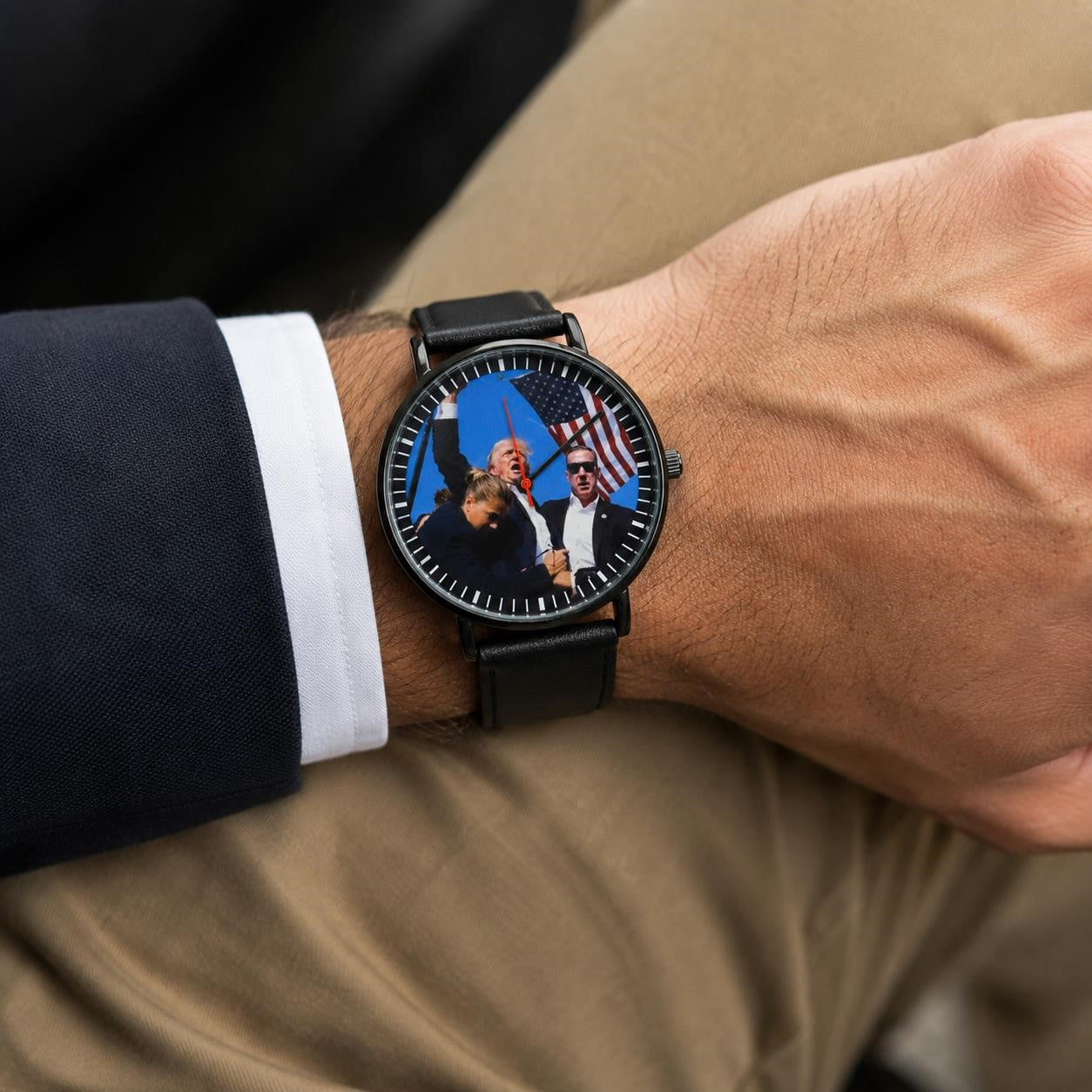 Men's black dial watch with "Trump Fight" design, black case and band by Republic Mercantile, detailed close-up image.