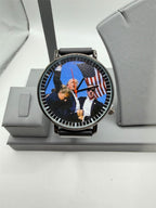 Men's black dial watch with "Trump Fight" design on the face and black case band by Republic Mercantile.