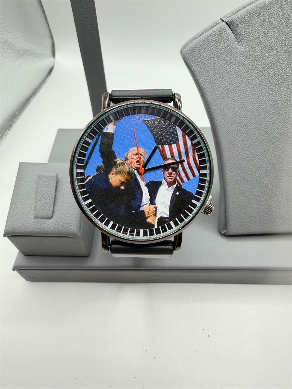 Men's black dial watch with "Trump Fight" design on the face and black case band by Republic Mercantile.