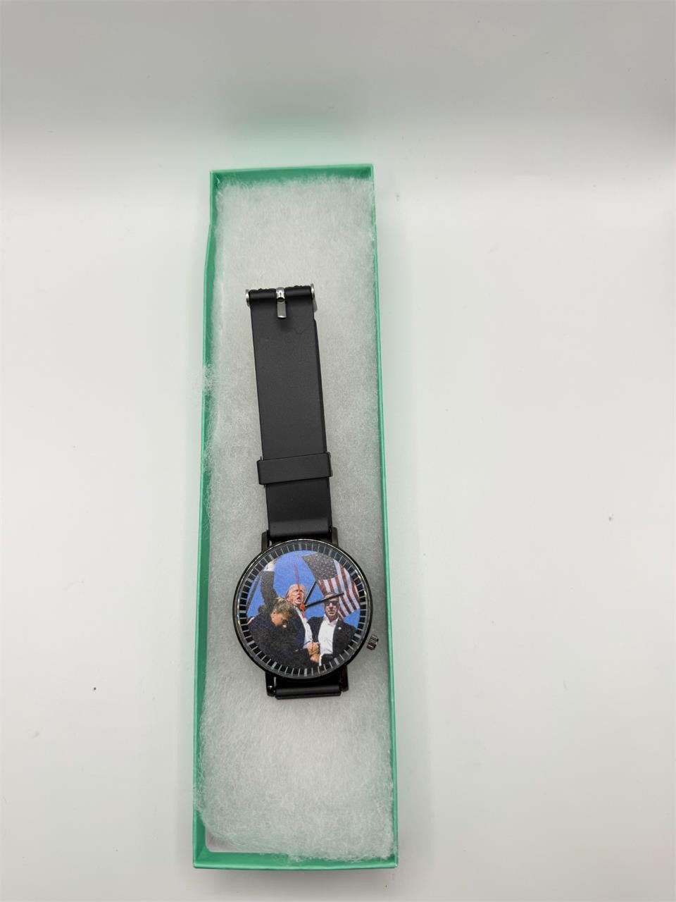 Men's black "Trump Fight" dial watch with black case and band by Republic Mercantile showing the watch face and strap details.
