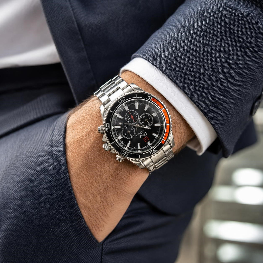Men's Republic Mercantile Hkun black dial watch with silver case and band, showcasing a sleek and stylish timepiece.