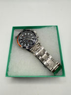 Men's black dial wristwatch with silver case and band from Republic Mercantile, showcasing a sleek and stylish timepiece.