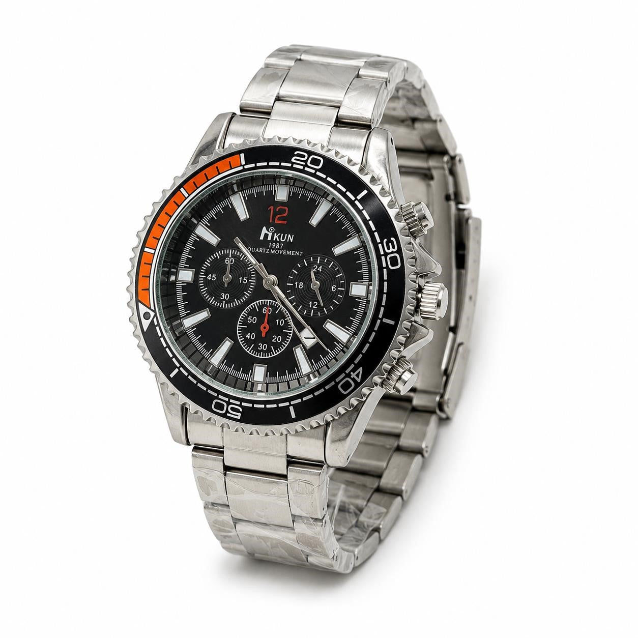 Men's Hkun black dial watch with silver case and band, featuring a sleek, modern design by Republic Mercantile.