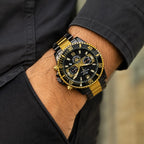 Men's Hkun black and gold case and band watch by Republic Mercantile, showing the stylish timepiece with metallic details.