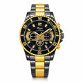 Men's Republic Mercantile Hkun black and gold case and band watch showing a sleek round dial with gold accents.