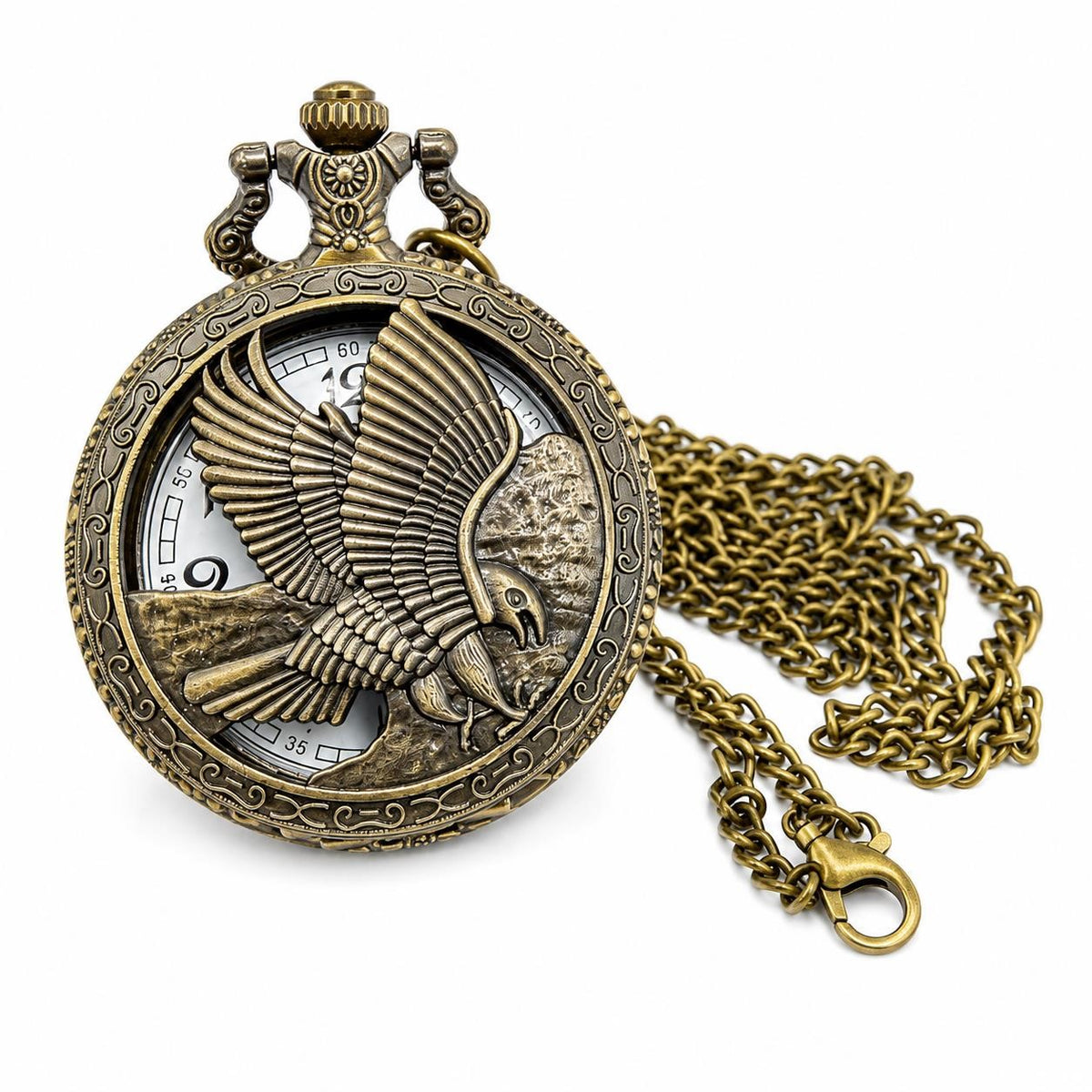 Silver man's pocket watch with chain featuring an eagle design, classic timepiece from Republic Mercantile.