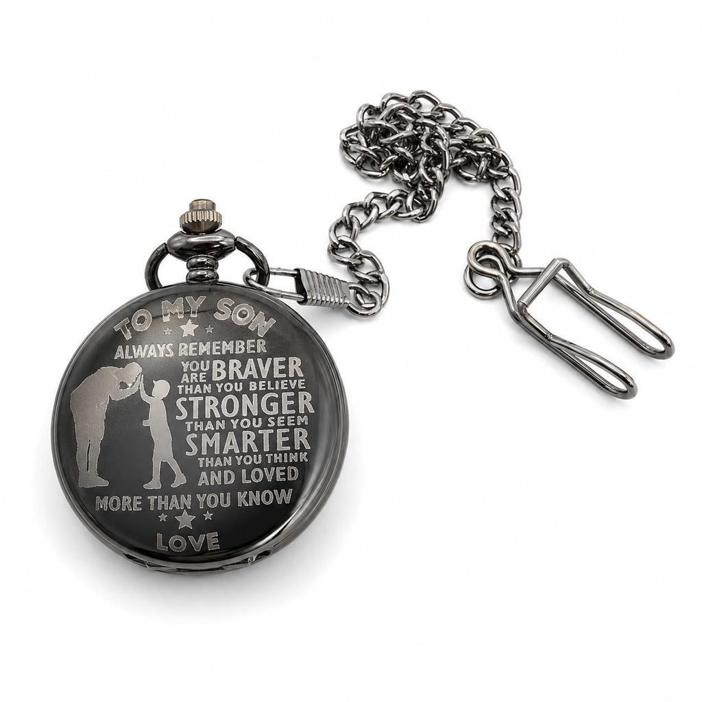 Silver men's pocket watch with chain featuring "To My Son" engraving, classic design, and Roman numeral dial.