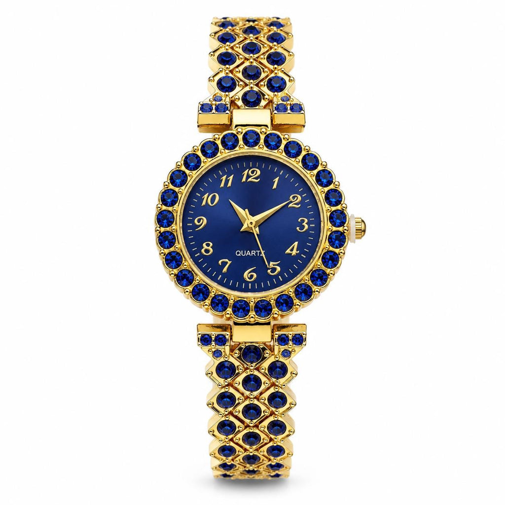 Women's gemstone watch in blue with gold band, stylish Republic Mercantile jewelry accessory showing the watch face and strap details.