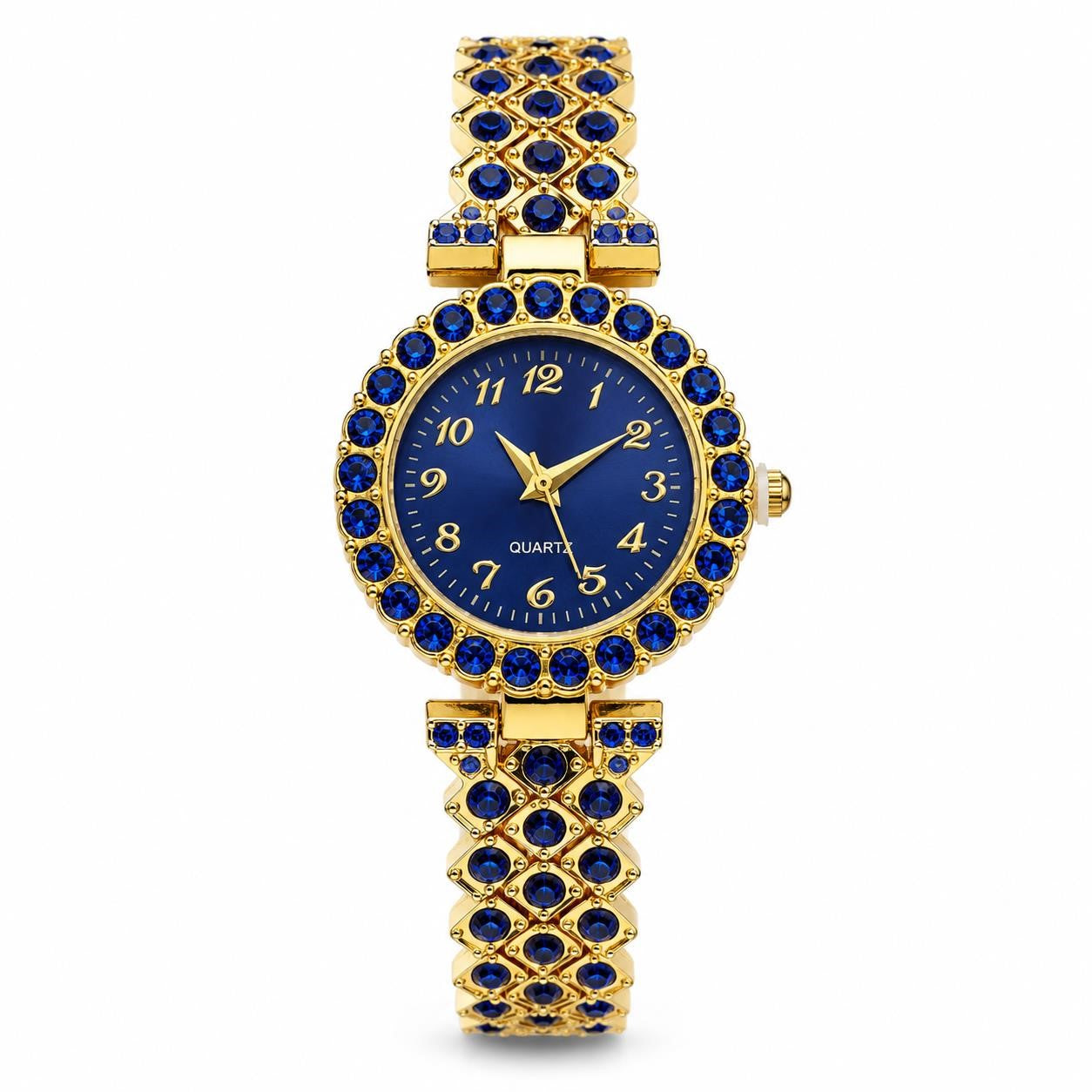 Women's gemstone watch in blue with gold band, stylish Republic Mercantile jewelry accessory showing the watch face and strap details.
