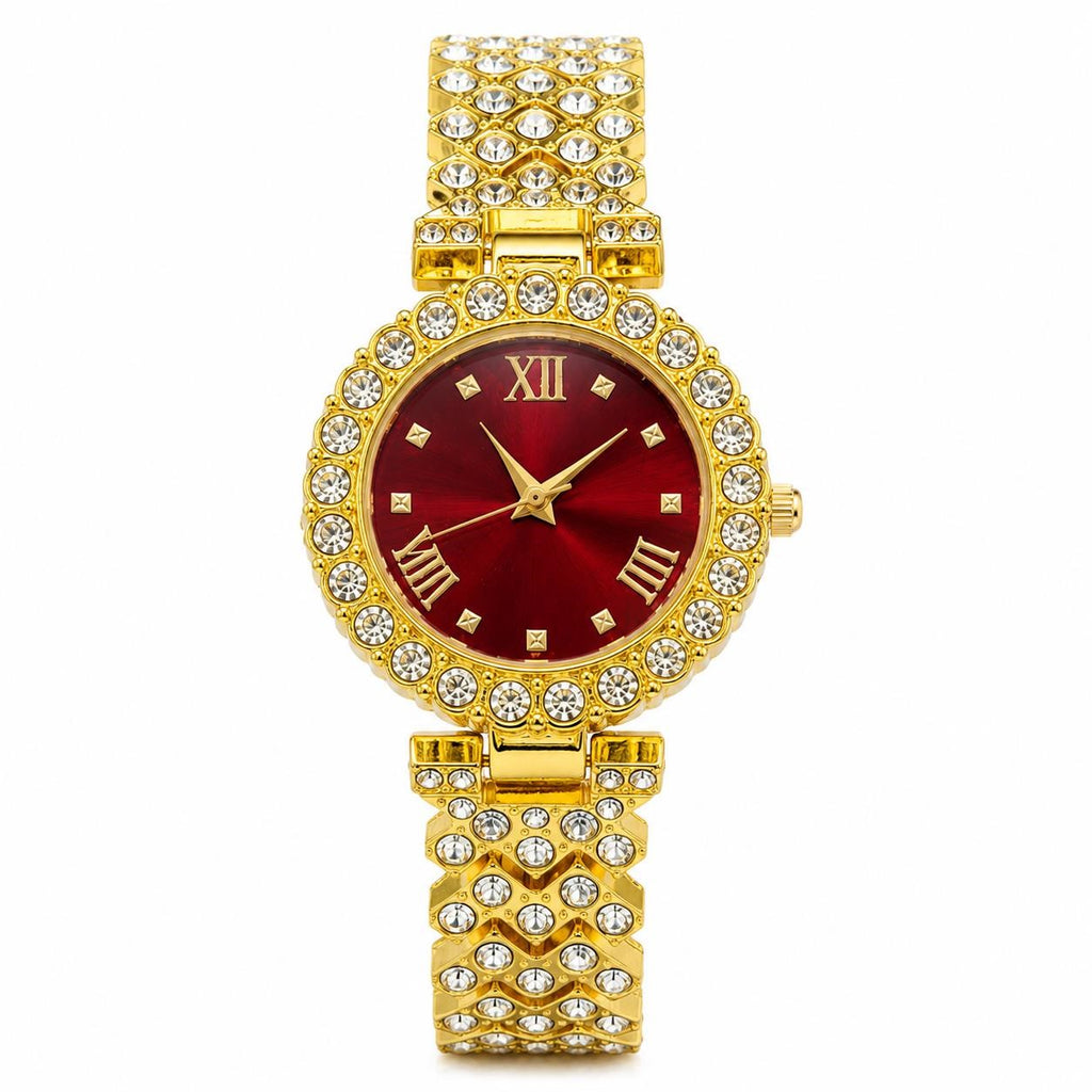 Women's gemstone watch with a red face and gold band by Republic Mercantile, showcasing elegant jewelry design.