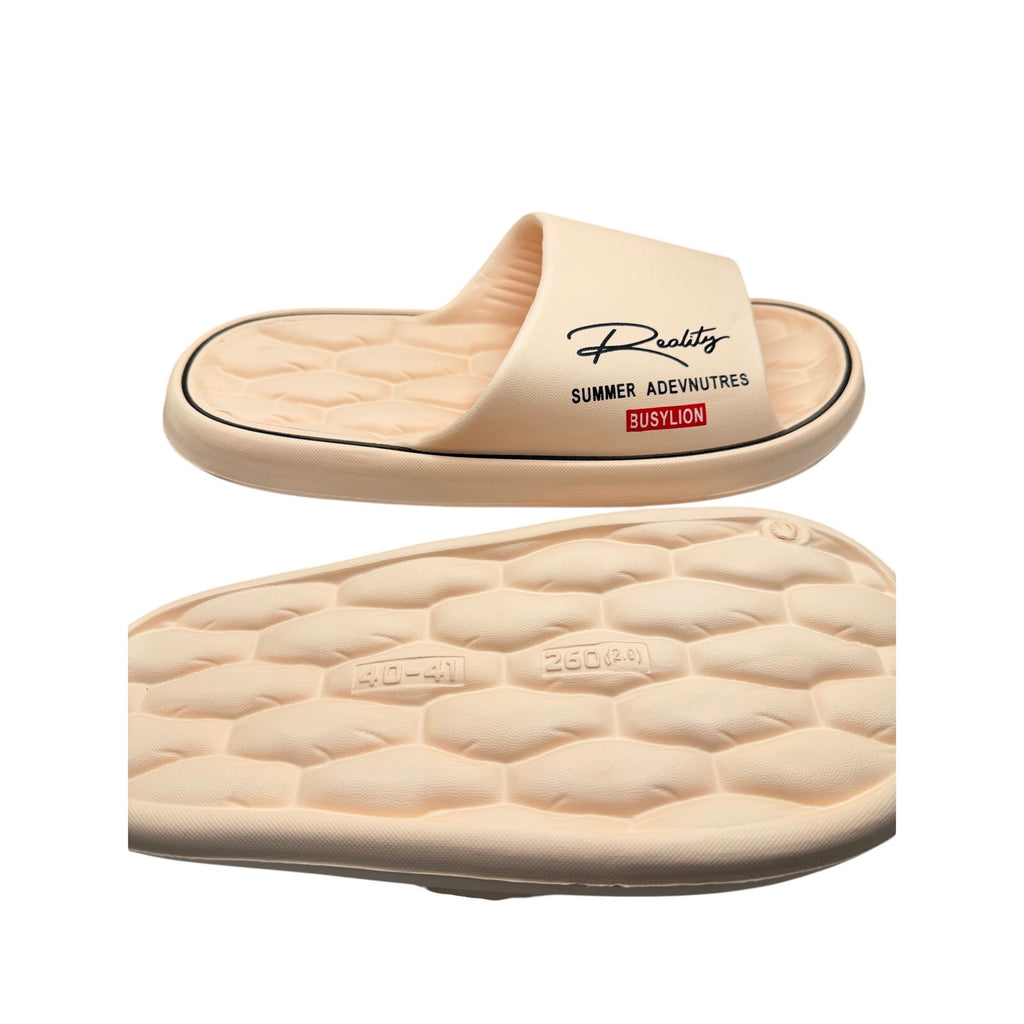 BusyLion Summer Adventures cushioned slides in pink and cream, size 11-12, showing the comfortable strap design and sole pattern.