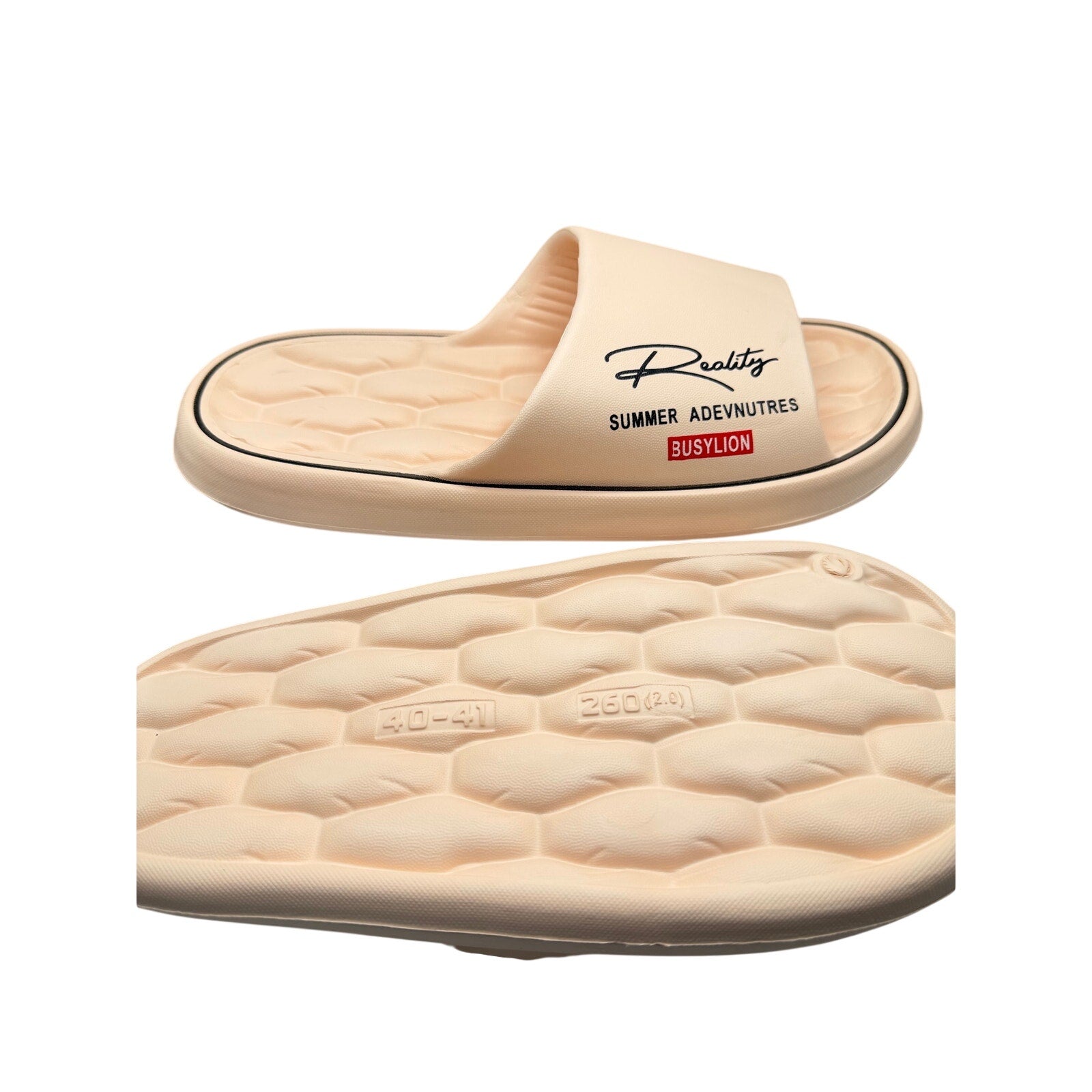 BusyLion Summer Adventures cushioned slides in pink and cream, size 11-12, showing the comfortable strap design and sole pattern.