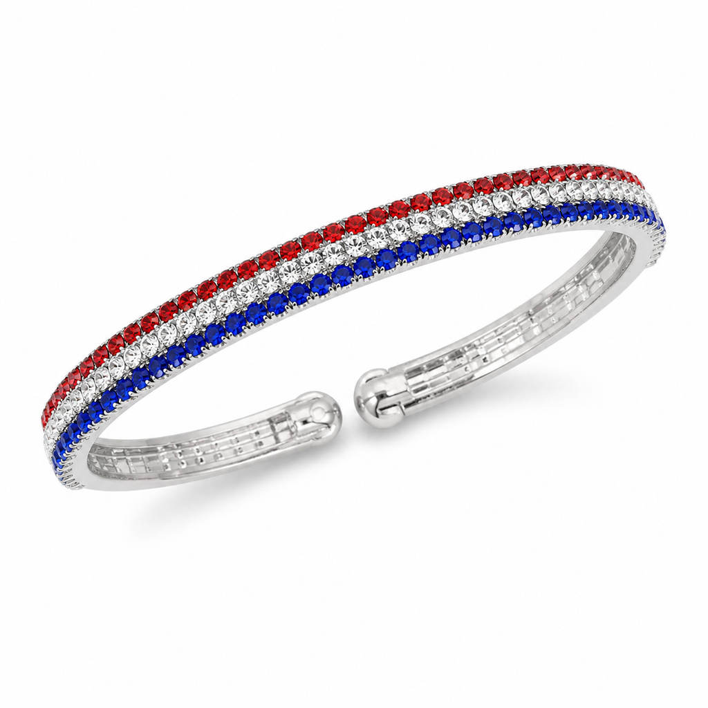 Silver bracelet with red, white, and blue beads from Republic Mercantile, featuring patriotic color accents and a stylish design.