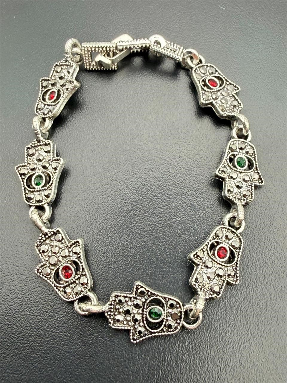 Women's Hamsa Hand-Link Bracelet with marcasite-style accents, featuring a detailed Hamsa charm and elegant chain design.