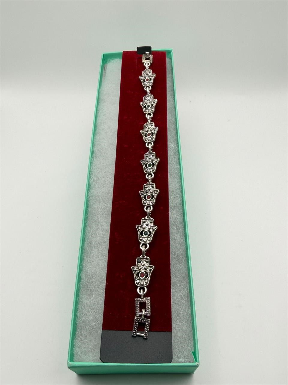 Women's Hamsa Hand-Link Bracelet with marcasite-style accents, featuring a decorative charm and silver-tone finish.