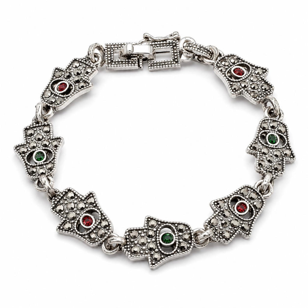 Women's Hamsa Hand-link bracelet with marcasite-style accents, featuring a delicate chain and intricate charm design.