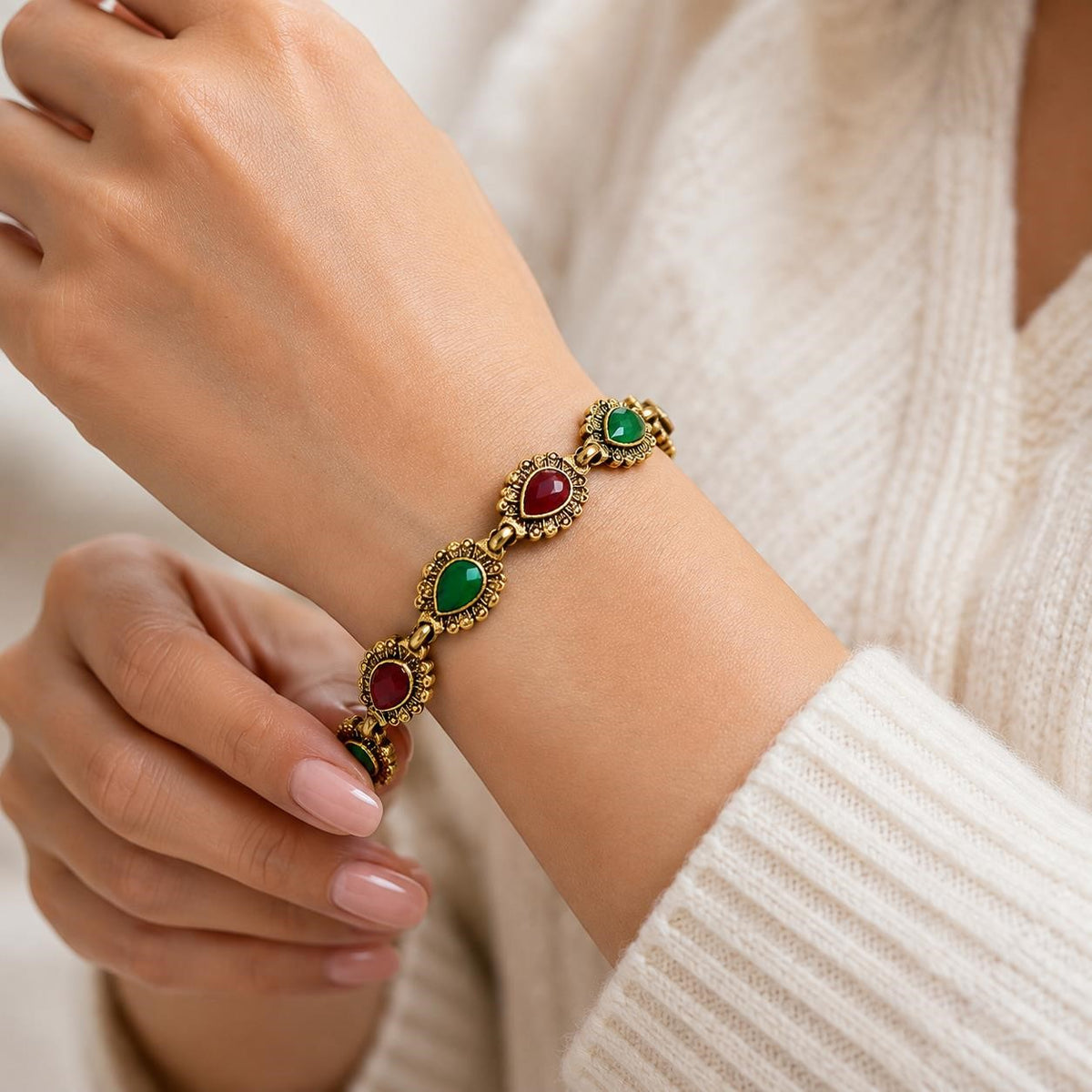 Women's antique-style boho gemstone bracelet with colorful beads and metal accents, crafted by Republic Mercantile.