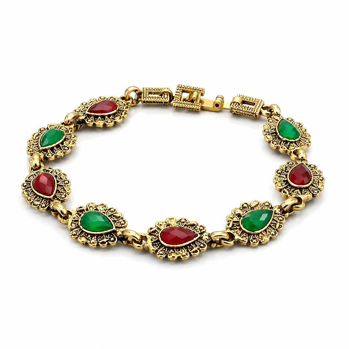 Women's antique-style boho gemstone bracelet with colorful beads and intricate metal details, handcrafted by Republic Mercantile.