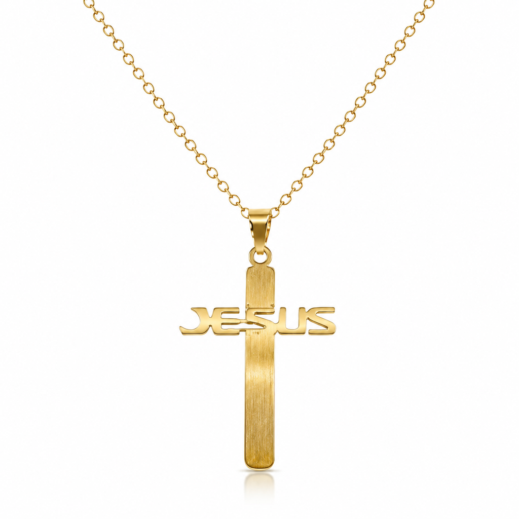 Gold tone Jesus cross pendant necklace featuring a detailed Christian symbol, designed by Republic Mercantile.