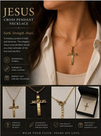 Gold tone Jesus cross pendant necklace with detailed religious design, crafted by Republic Mercantile.