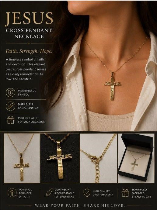 NEW Jesus Cross Pendant Necklace in Gold Tone