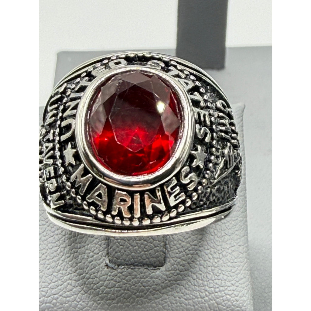 Men's US Marine Corps signet ring in silver with red accents, size 8, featuring engraved Marine emblem from Republic Mercantile.