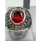 Men's US Marine Corps signet ring in silver with red accents, size 8, featuring engraved Marine emblem from Republic Mercantile.