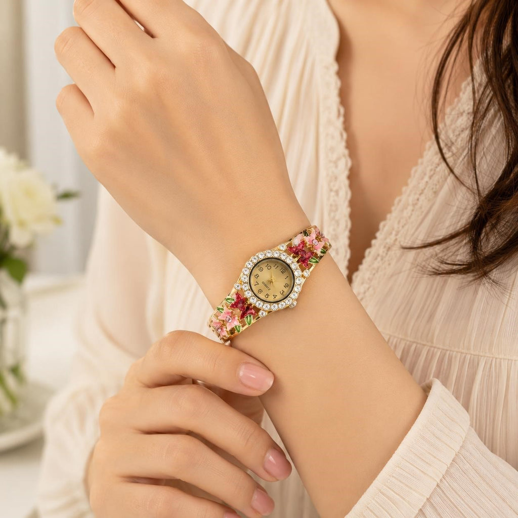 Enamel flower cuff watch with floral design and rhinestone accents, stylish jewelry by Republic Mercantile.