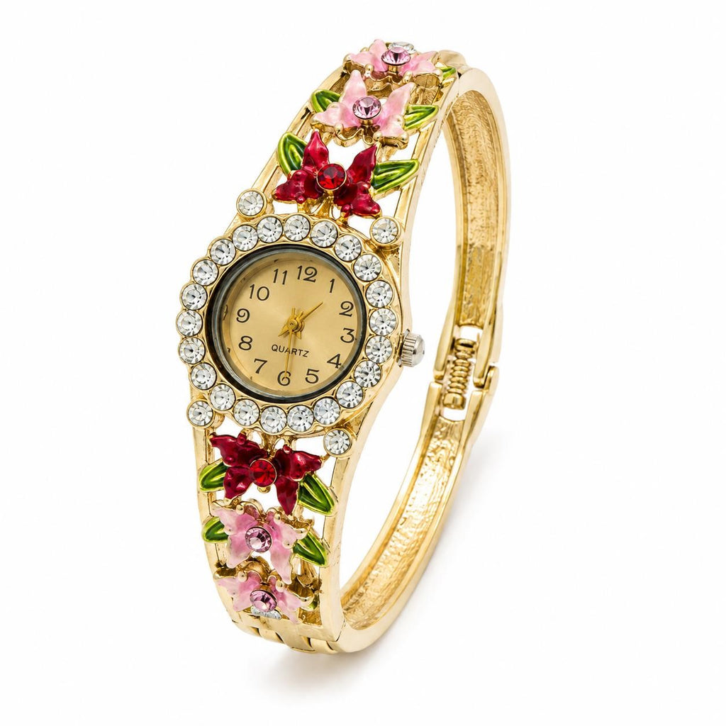 Republic Mercantile enamel flower cuff watch featuring floral design and rhinestones, showcasing a stylish and elegant accessory.