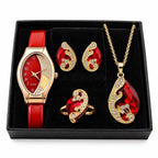 Elegant 5-piece quartz watch and jewelry set with gemstone accents from Republic Mercantile, featuring watches, bracelets, and earrings.