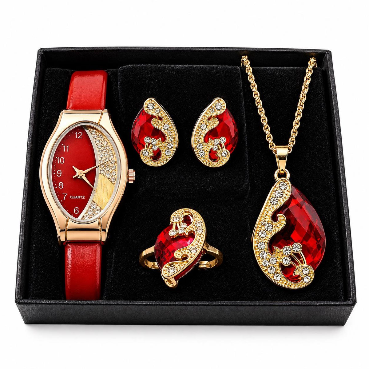 Elegant 5-piece quartz watch and jewelry set with gemstone accents from Republic Mercantile, featuring watches, bracelets, and earrings.