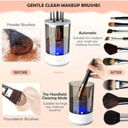 Republic Mercantile electric makeup brush cleaner with USB power, shown with cleaning brush and compact device for makeup brush cleaning.