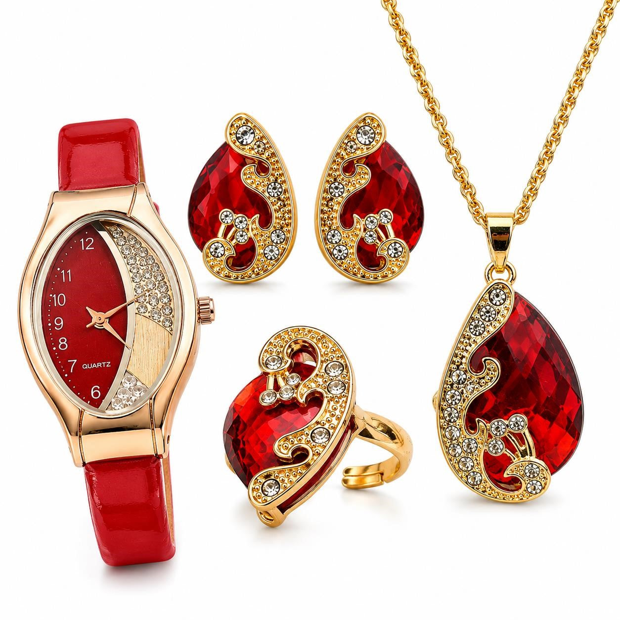 Gorgeous 5-piece quartz watch and jewelry set with sparkling gems, featuring a stylish watch, bracelets, and necklaces from Republic Mercantile.