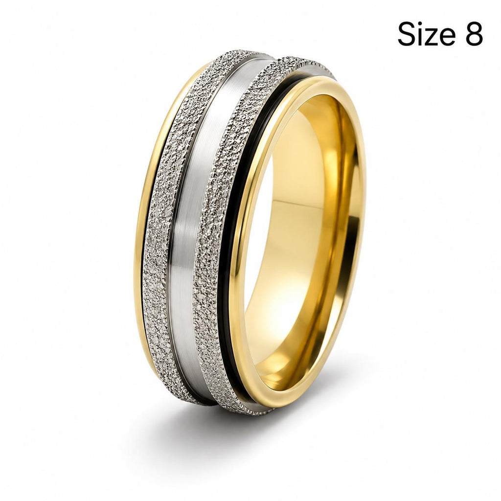 Silver and gold tone man's spinner ring, size 8, featuring a sleek design with a rotating center, from Republic Mercantile.