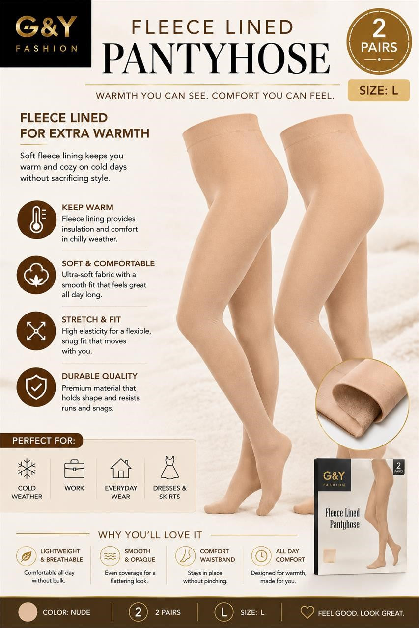 Fleece-lined pantyhose in size large, two pairs, by Republic Mercantile, showing soft, warm fabric and fitted design.
